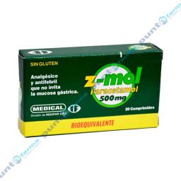 Z-mol 500 mg Paracetamol - Contiene 20 comprimidos.