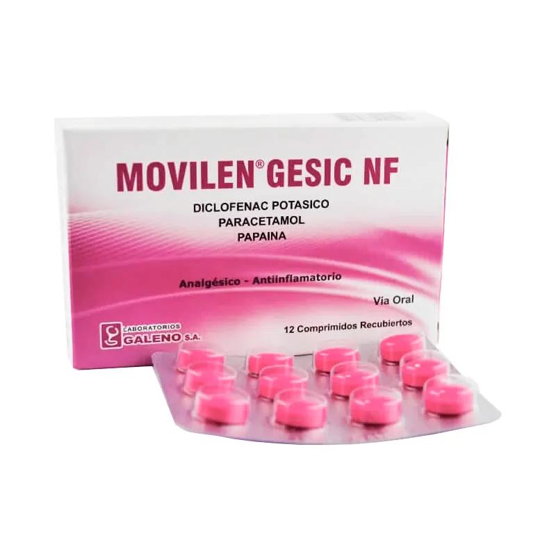 Movilen Gesic NF Diclofenac Potasico Paracetamol Papaina  - Cont. 12 Comprimidos.