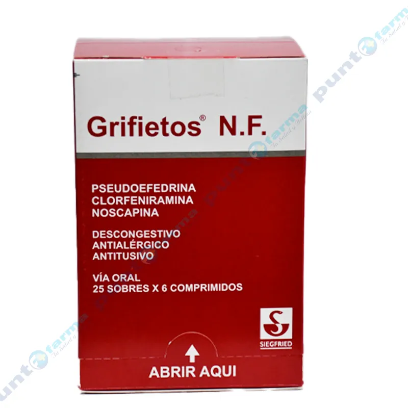 Grifietos NF Pseudoefedrina 60 mg - Exhibidor Conteniendo 25 sobres x 6 comprimidos.