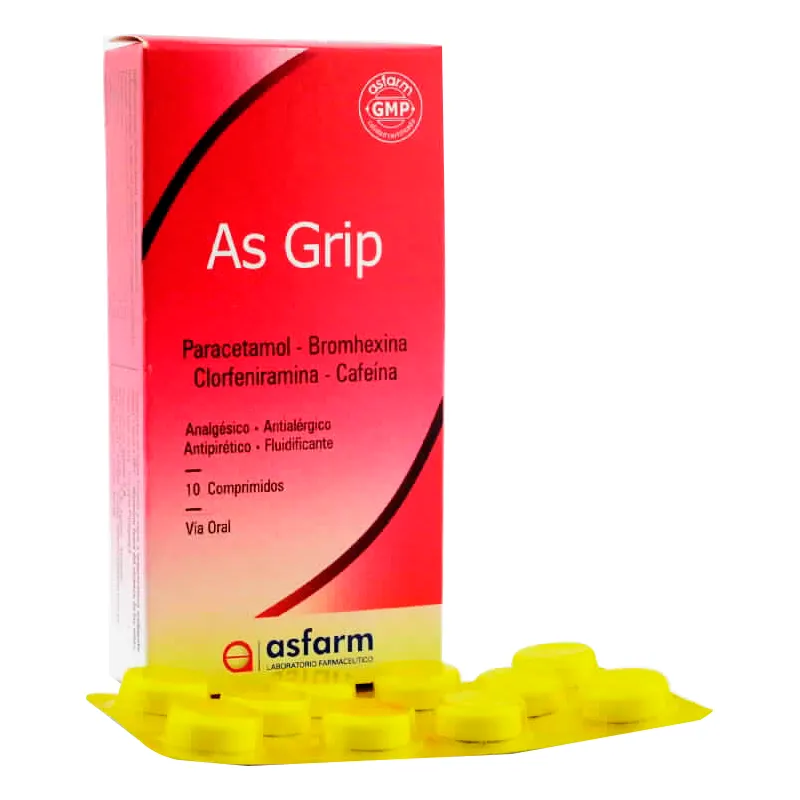AS Grip Paracetamol Bromhexina Clorferamina Cafeína - Caja de 10 comprimidos