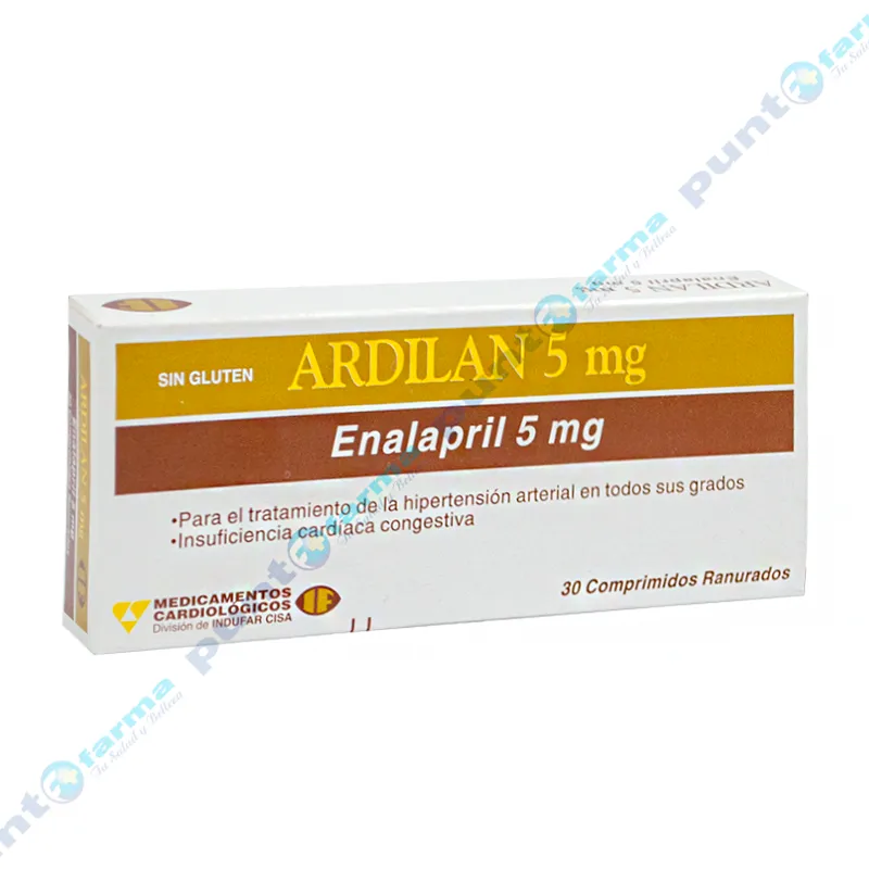 Ardilan 5 mg - Enalapril 5 mg - Caja de 30 Comprimidos Ranurados.