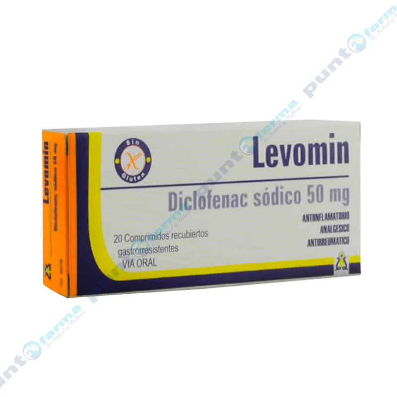 Levomin - Diclofenac Sódico 50 mg - Caja de 20 comprimidos recubiertos gastrorresistentes