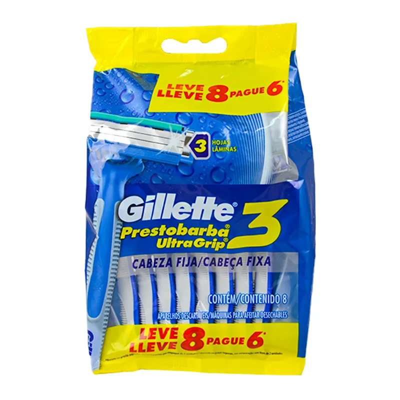 Maquina para Afeitar Prestobarba UltraGrip 3 Gillette - Lleve 8 Pague 6